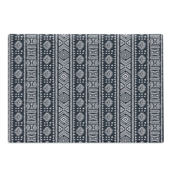 African Cutting Board, Inspirations Meet with Country Art Design Vertical Borders, Decorative Tempered Glass Cutting and Serving Board, Large Size, Cadet Blue White, by Ambesonne