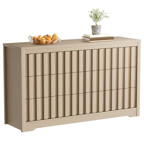 Fluted 6 Drawer Dresser for Bedroom, 54 Inches Wide Dresser, Farmhouse Chest of Drawers, Wooden Storage Organizer for Living Room, Bedroom, Hallway, Closet, Natural