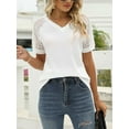 thumbnail image 4 of Gustave Women's Summer Short Sleeve V Neck T-Shirts Lace Splicing Waffle Knit Tops Casual Loose Hollow Out Blouse Tee Shirt "White, S", 4 of 9