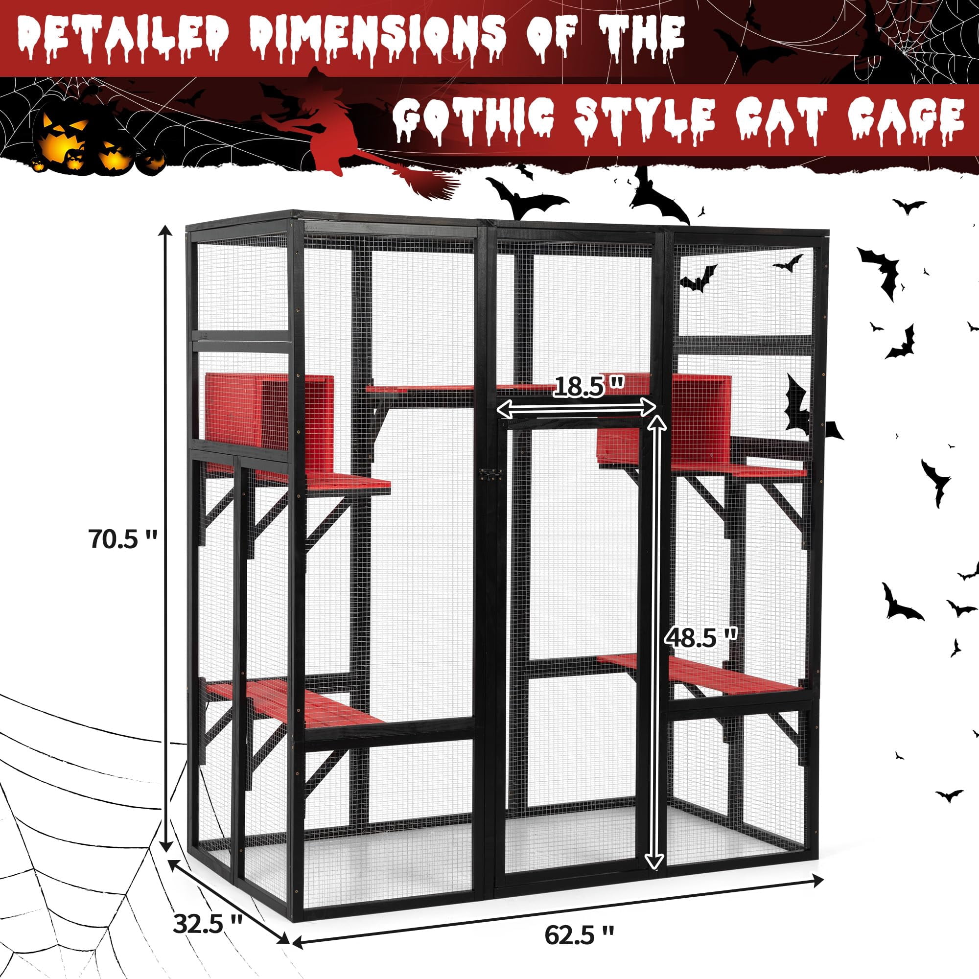 Large Wooden Catio Outdoor Enclosure for Cats with 7 Platforms 2 Resting Boxes, Spacious Indoor Cat Cage Waterproof UV Resistant Roof, Gothic Style, Black