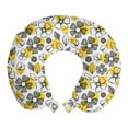 thumbnail image 1 of Flowers Travel Pillow Neck Rest, Leaves and Flora Iris Petals Essence Circular Background Paint Strokes, Memory Foam Traveling Accessory Airplane and Car, 12", Mustard Black and White, by Ambesonne, 1 of 2