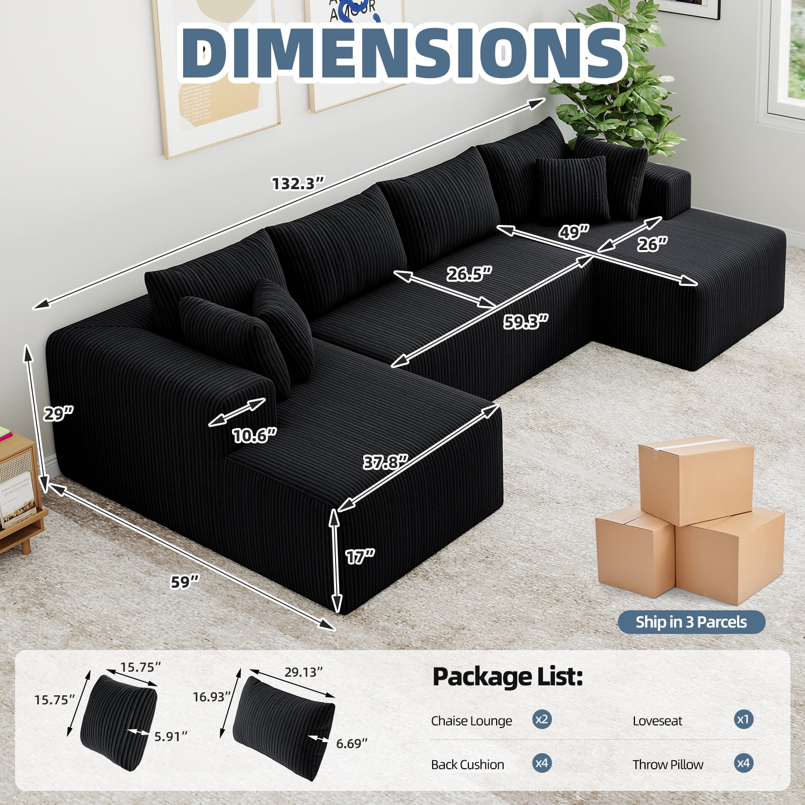 132''Modular Boneless Couches for Living Room, Corduroy Deep Seat Sofa with 2 Chaise Lounges and 1 Loveseat