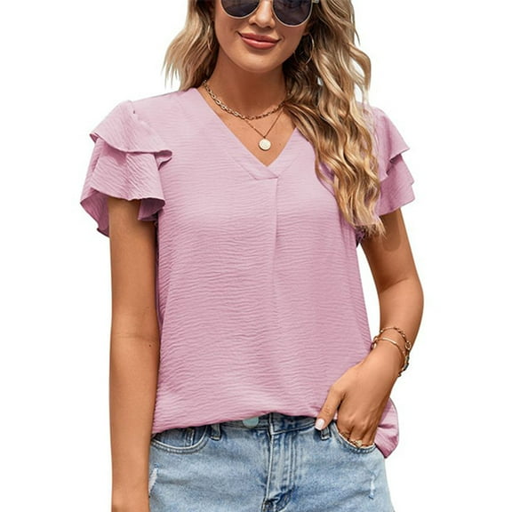 Slatcetga Ruffle Sleeve Blouse V Neck Pure Color Loose Fit Casual Women Short Sleeve Top for Summer Pink L