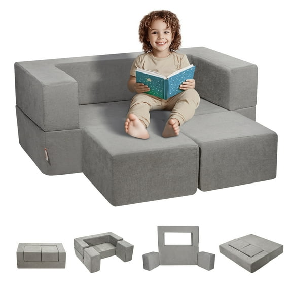 KFFKFF Children's Modular Sofa, 4-Piece Play Couch Set, Convertible Toddler Sofa Bed, Playroom Seating for Kids, Detachable Kids' Lounge with Washable Cover, Grey, Ideal for Boys & Girls