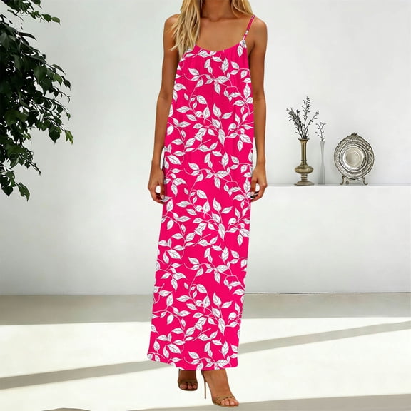 Dresses for Women Summer Print Loose Casual Sleeveless Adjustable Buttoned Round Neck Gathered Long Beach Vacation Maxi Dress Hot Pink L
