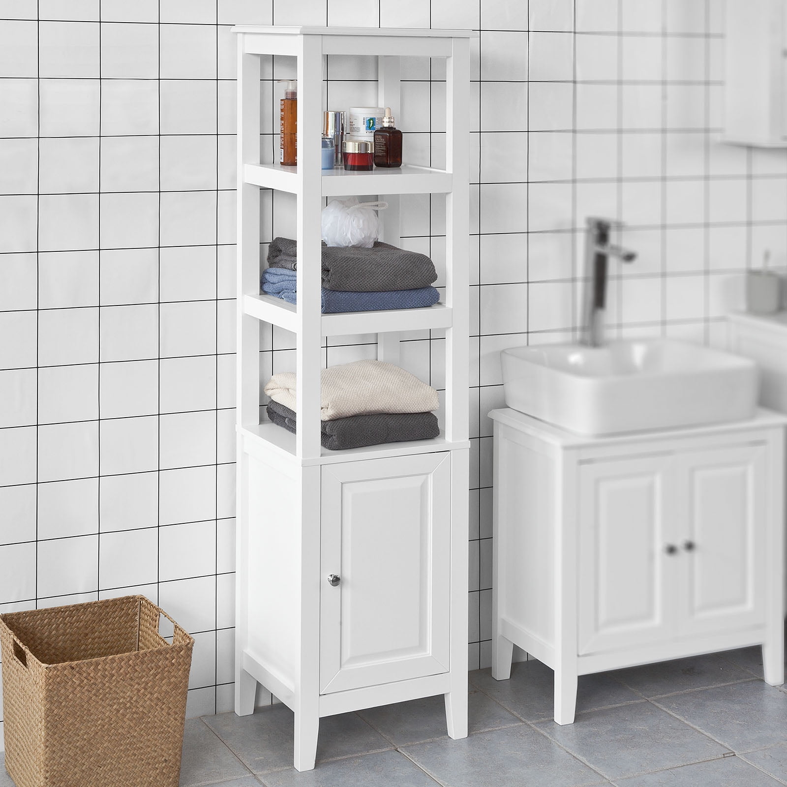 Haotian White Floor Standing Tall Bathroom Storage Cabinet with 3 ...