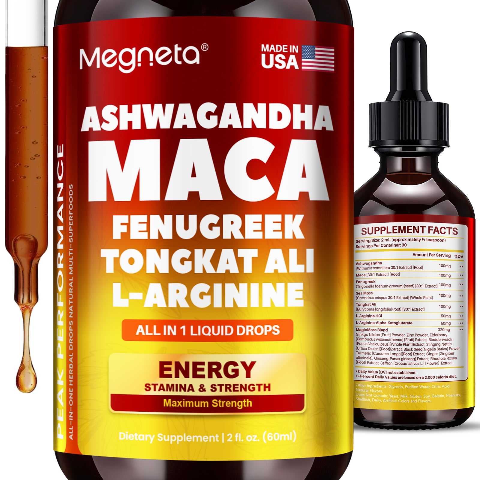 Megneta Ashwagandha Maca Liquid Drops with Tongkat Ali, Fenugreek & L-Arginine, Peak Performance, Energy & Stamina Supplement, 2 fl oz