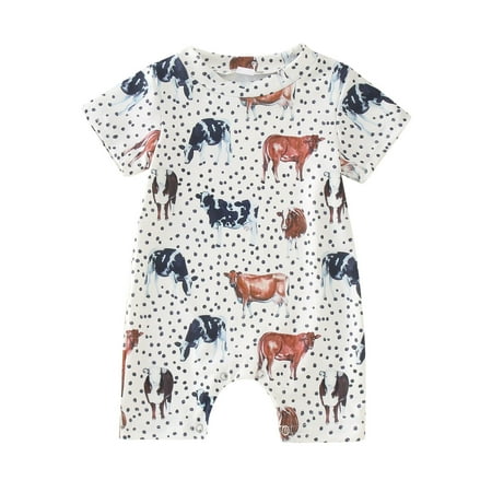 

Rovga Boys Bodysuits Short Sleeve Cartoon Cow Prints Pullover Romper Sweatshirt Jumpsuit Kids Toddler Clothes