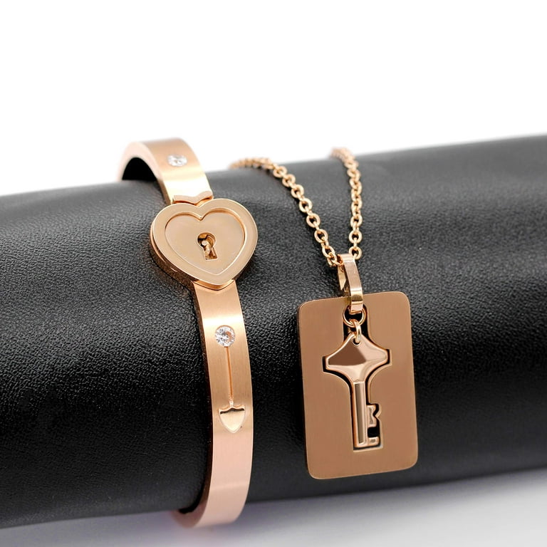 (Pure Gold Color) Stainless Steel, Jewelry Love Heart, Lock Bracelet, Key Pendant, Necklace Jewelry