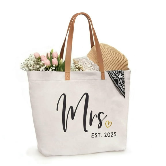 Mrs Bag Mrs Gifts 2025 Bride Gifts Bride Tote Bag Wedding Bridal Shower Bachelorette Party Honeymoon Large Travel Canvas Totes with Zipper