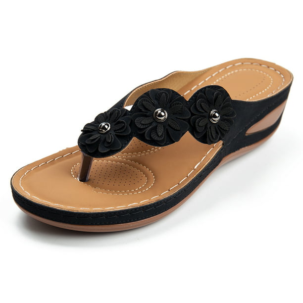 Women Casual Wedge Sandals Comfortable Flower Flip-flops Summer Beach ...
