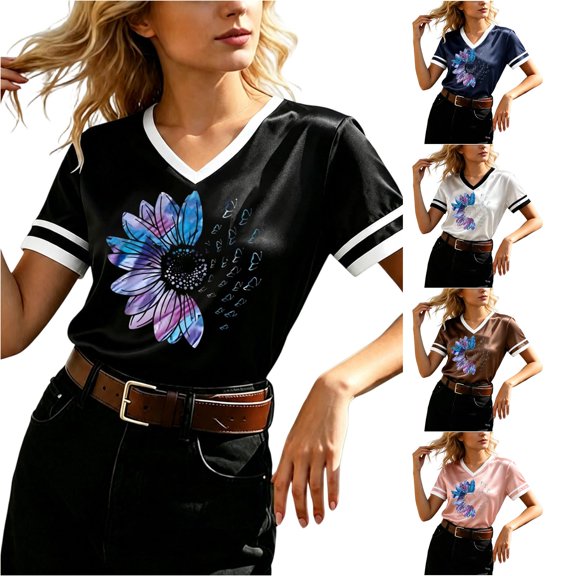 DHFJKG Graphic Tees For Women Silk Satin T Shirt Sunflower Printed Summer Short Sleeve V Neck Tshirts Casual Daily Wear Stylish Tops