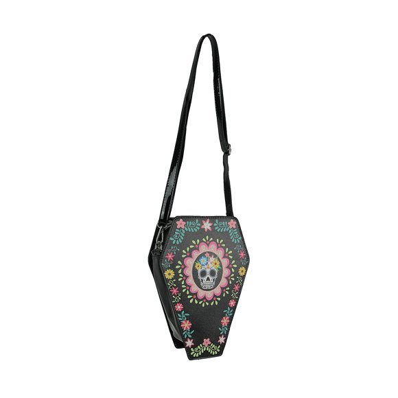 Day of the Dead Sugar Skull Coffin Shaped Convertible Mini Backpack / Crossbody Purse for Adults
