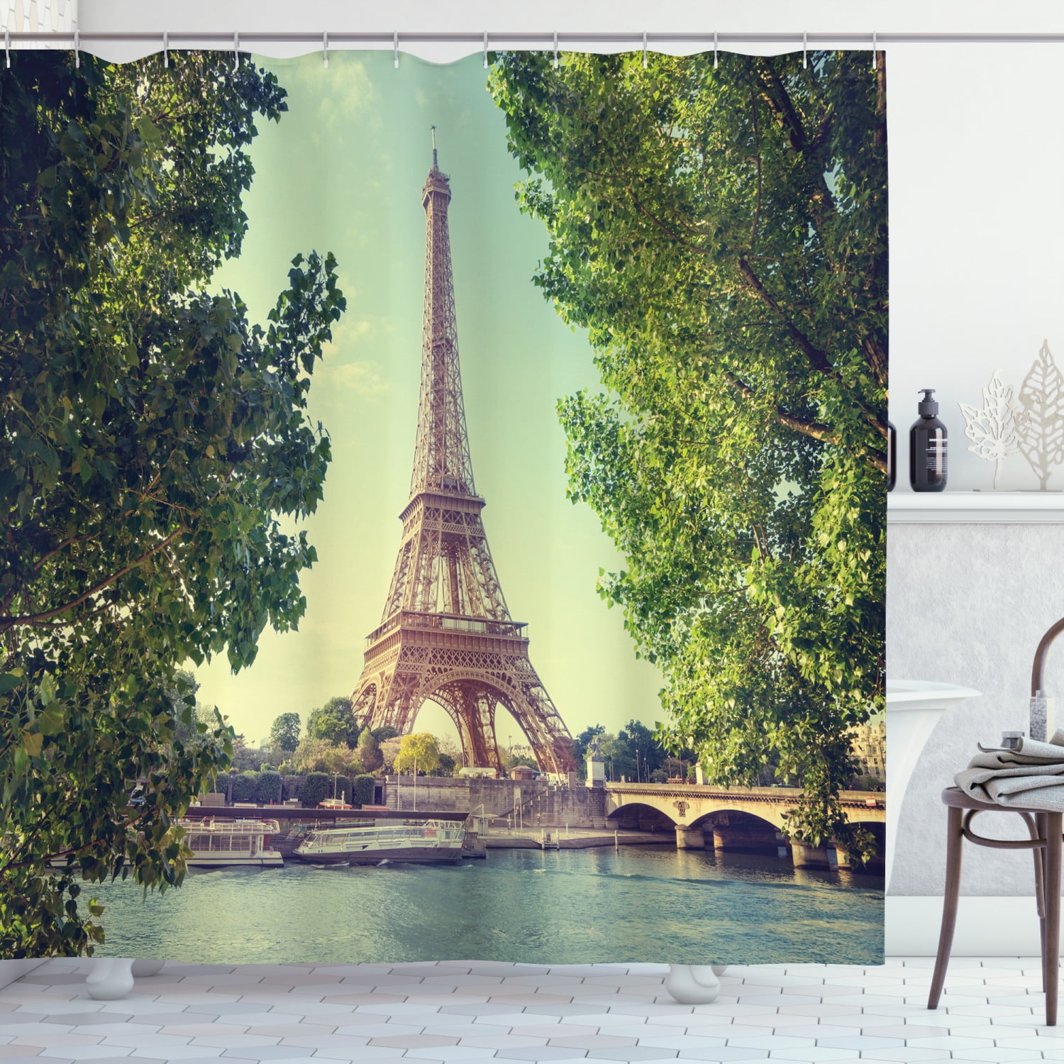 Paris Eiffel Tower Red Umbrella Bathroom Fabric Shower Curtain w/12 Hooks 72*72" 