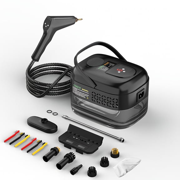 High-pressure steam cleaner, handheld nozzle, suitable for kitchen fumes, small appliances, with multiple accessories.