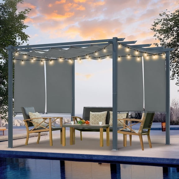 BPS 10' x 10' Outdoor Retractable Pergola with Canopy & 4 Roller Shades, Aluminum Patio Gazebo Shelter, Gray