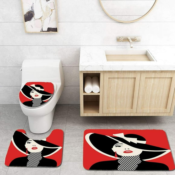 JSDART Girls French Style Icon in Shabby Chic Classical Vintage Hat and Striped Coat 3 Piece Bathroom Rugs Set Bath Rug Contour Mat and Toilet Lid Cover