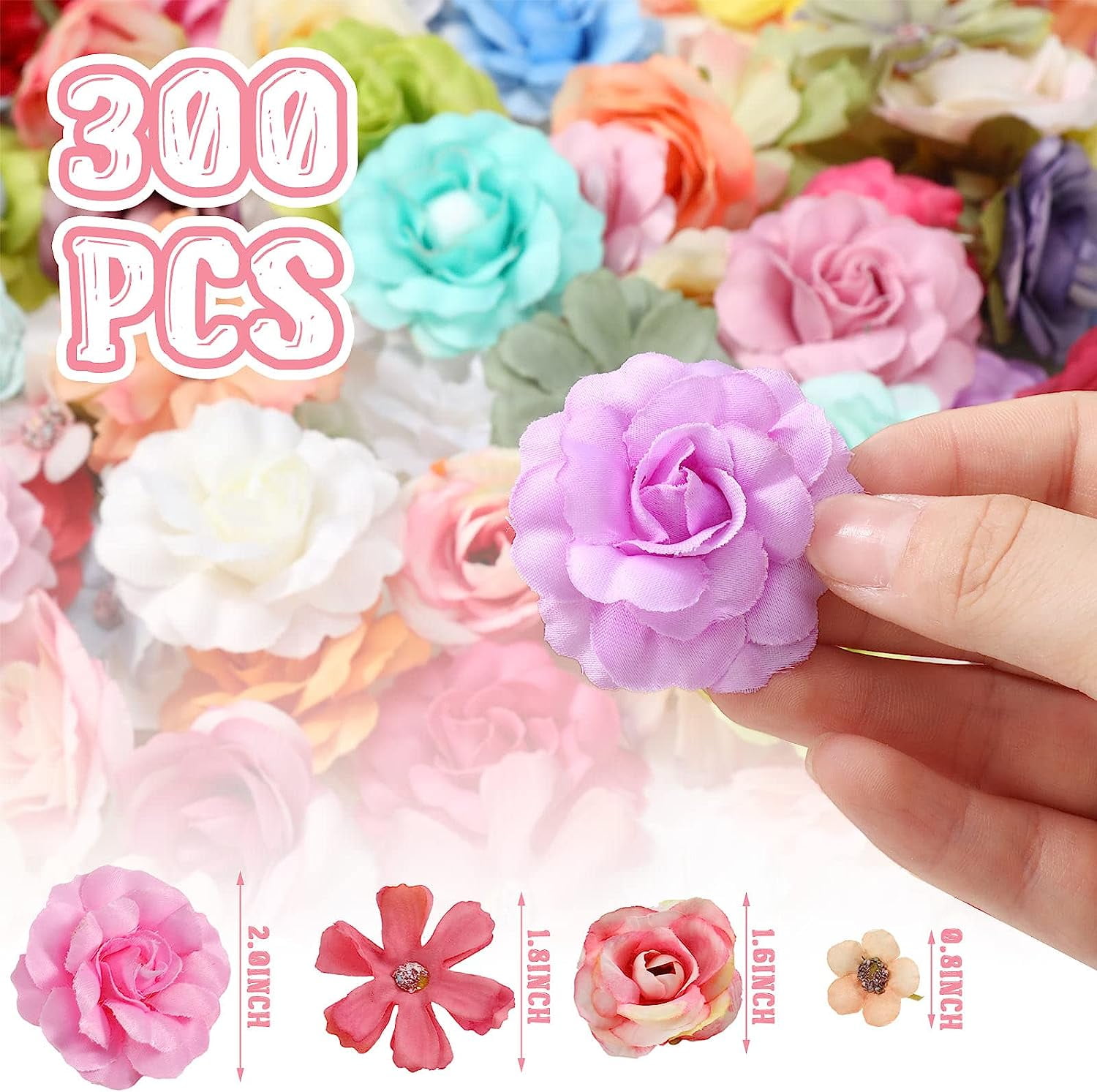 300 Pcs Faux Flower Heads Silk Artificial Plum Blossom Heads DIY Fake Mini Flowers Assorted Silk Decorative Flowers Daisy Roses Craft Supplies for Wedding Party Wreath Cake Vase Decoration (Elegant)