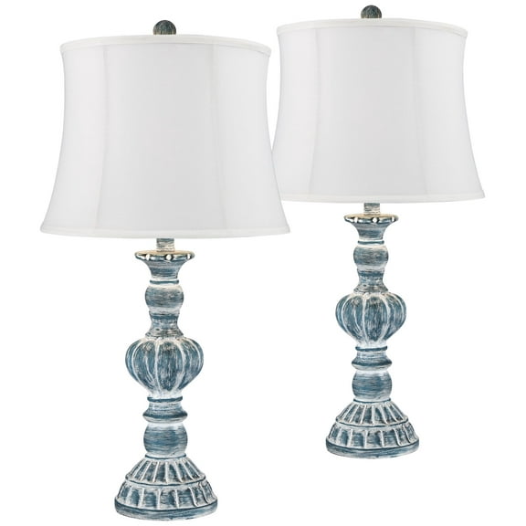 Regency Hill Tanya Country Cottage Table Lamps 26 1/2" High Set of 2 Blue Wash Cream Fabric Drum Shade for Bedroom Living Room Bedside Nightstand Kids