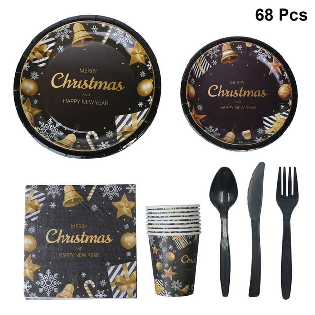 Christmas Decorations Tableware 68PCS 7 Christmas Party Disposable Tableware Include Paper Plate Cup Napkin Fork Spoon (Random Flatware) Plastic knife and fork set