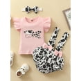 thumbnail image 2 of Genuiskids Infant Baby Girls 3Pcs Clothes Outfit Summer Round Neck Fly Sleeve Tops Milk Cow Printed Suspender Shorts Headband 3-24M, 2 of 9