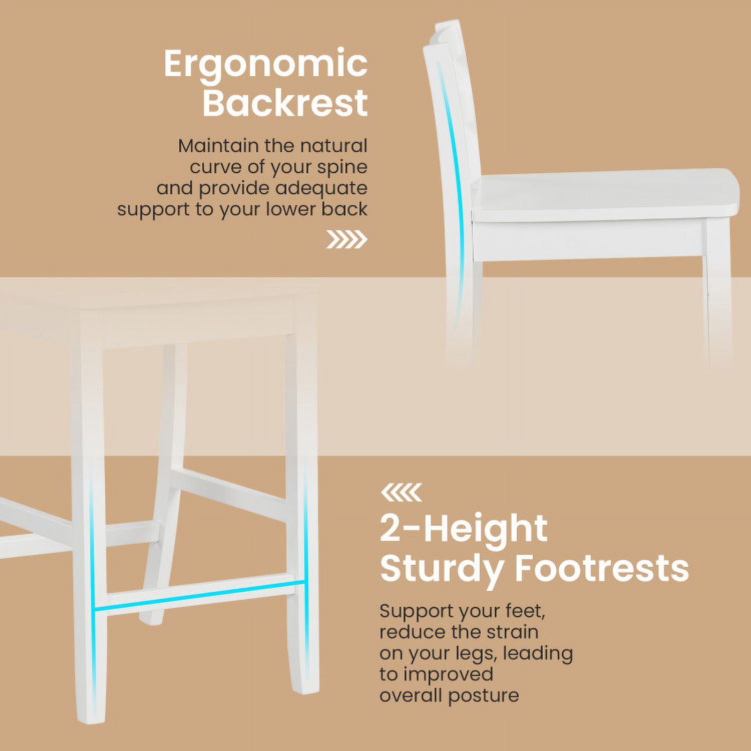 Spaco Wooden Bar Stools Set of 2 with Ergonomic Backrest and Footrest-White, Bar Height Stools, Counter Height Bar Stools for Kitchen, Dining Room