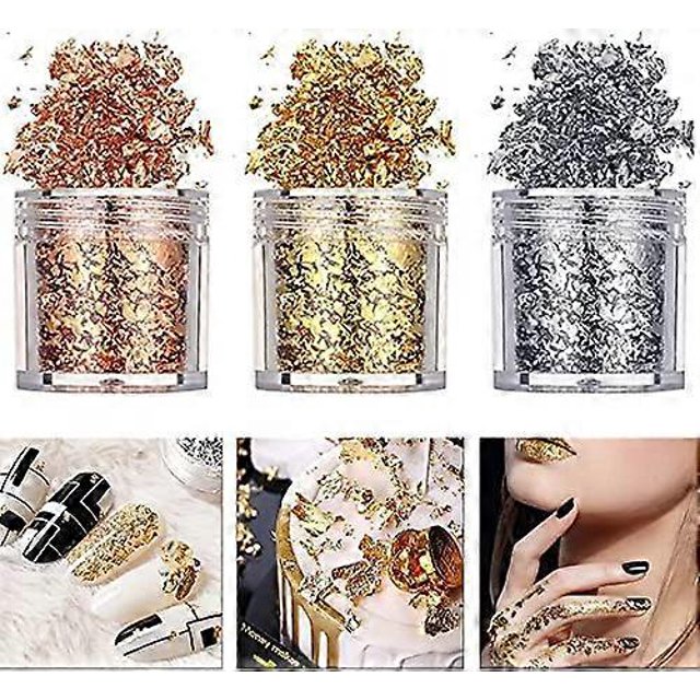 Juego de 3 botellas de pegatinas 3D para decoración de uñas, imitación de oro, plata, cobre, metal, color, papel de aluminio, fragmentos, bricolaje, decoración, maquillaje, pintura, hecho a mano.