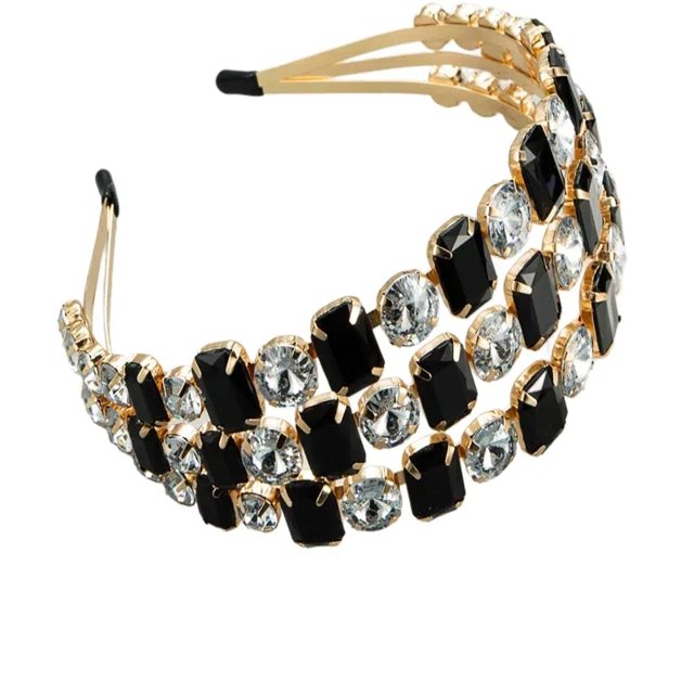 Élégant Bandeau en Verre Cristal Noir et Blanc à Trois Rangées