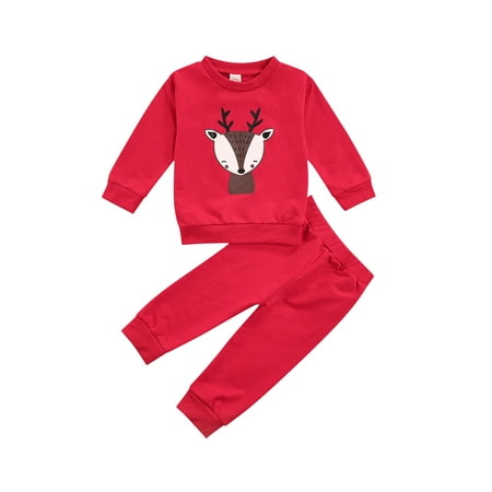 

Frobukio Autumn Toddler Kids Baby Girls Long Sleeve Deer Print Pullover Tops Long Pants 2Pcs Clothing Sets Red 9-12 Months
