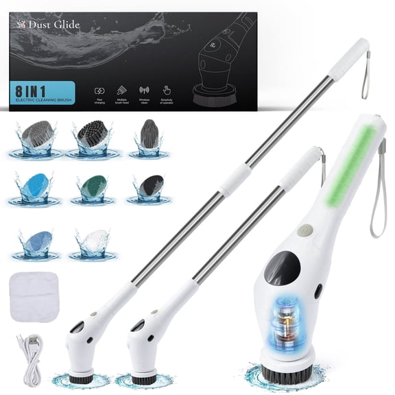 Electric Spin Shower Scrubber with Long Handle | Rotating Power Brush for Cleaning Bathroom Shower Tiles Floors with 8 Replacement Heads, Rechargeable , Cordless