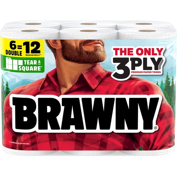 Tear-A-Square 3-Ply Paper Towels, 6 Double Rolls = 12 Regular Rolls, Strong, Absorbent, and Durable with 3 Sheet Sizes (Quarter, Half, Full)
