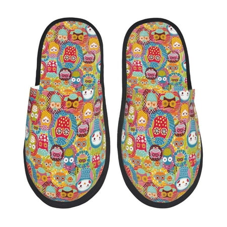 

Fuzoiu Boho Cute Owls Print Unisex Furry Slippers Plush Indoor Shoes Trendy House Slippers Anti-Skid EVA Sole House Shoes for Home Office and Travel -Large