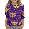 thumbnail image 2 of Riecok Mardi Gras Outfit for Girls Masquerade Mask Sparkly Sequins Print 3/4 Sleeve Crew Neck Fashion Mardi Gras Shirts for Kids Mardi Gras Clothing 7 T Purple, 2 of 5