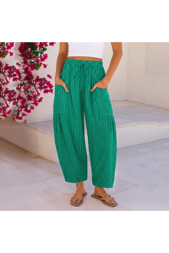 Striped Linen Pants Women Elastic Waist Drawstring Cotton Linen Casual Trendy Wide Leg Barrel Pants with Pockets Green M