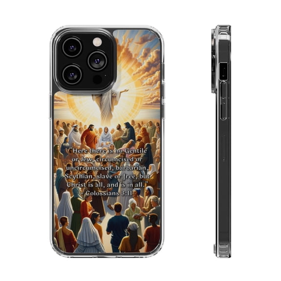 DistinctInk Hybrid (Acrylic / TPU) Clear Slim Fit Case for Apple iPhone 15 Pro (6.1" Screen) - Christ: The Unifying Force Beyond All Distinctions - Colossians 3:11