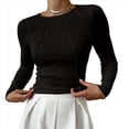thumbnail image 2 of Camisas de Larga para Mujer, Corte Entallado, Cuello Redondo, Ropa de Otoño, Costuras Expuestas, Blusas Básicas Acanaladas. Negro M, 2 of 7