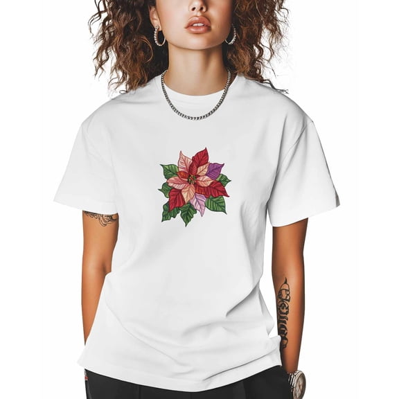 T Shirts for Women Short Sleeve Cotton Crewneck T-Shirt, Beautiful Poinsettia Flowers Embroidery Tee Tops Casual Basic T-Shirts, XS-5XL White L