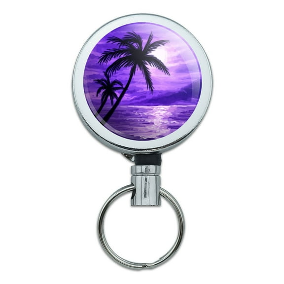 Sunset Beach Palm Tree Hawaii Paradise Purple Retractable Belt Clip Badge Key Holder