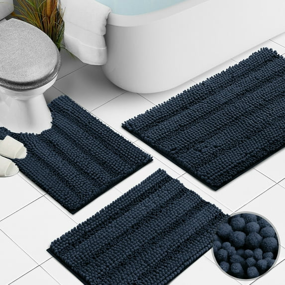 3 Pieces Bathroom Rugs Set Ultra Soft Non Slip and Absorbent Chenille Bath Rug, Navy Blue Plush Bath Mats for Tub, Shower, Bathroom