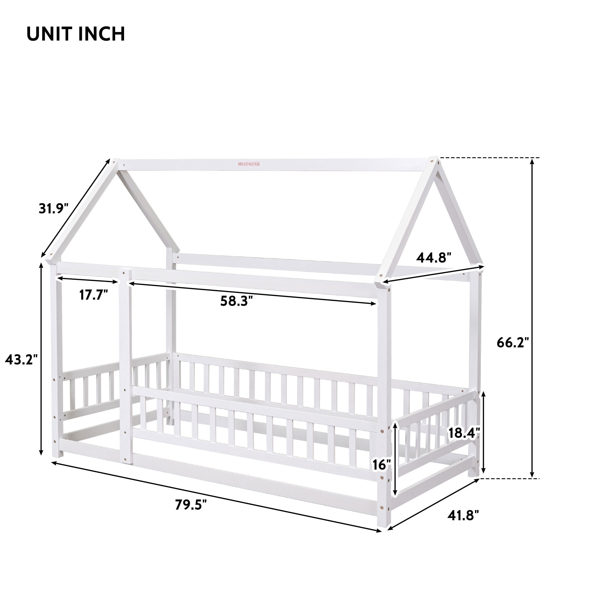 Miniyam Kids Twin Montessori House Floor Bed with Fence, Wood Roof Frame, White