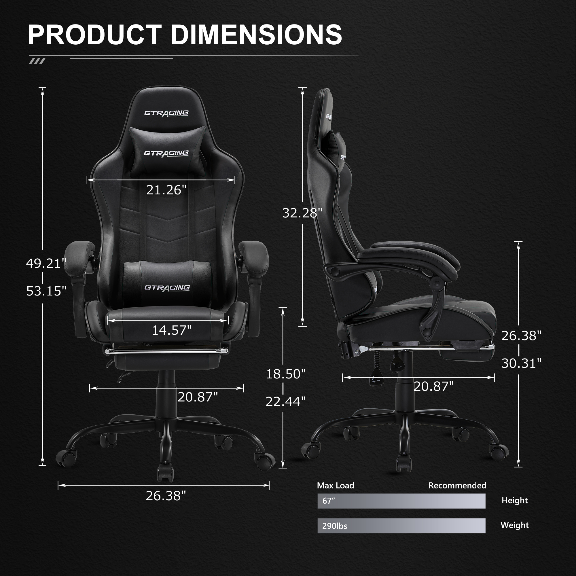 GTRACING GTWD-200 Gaming Chair with Footrest, Height Adjustable Office ...