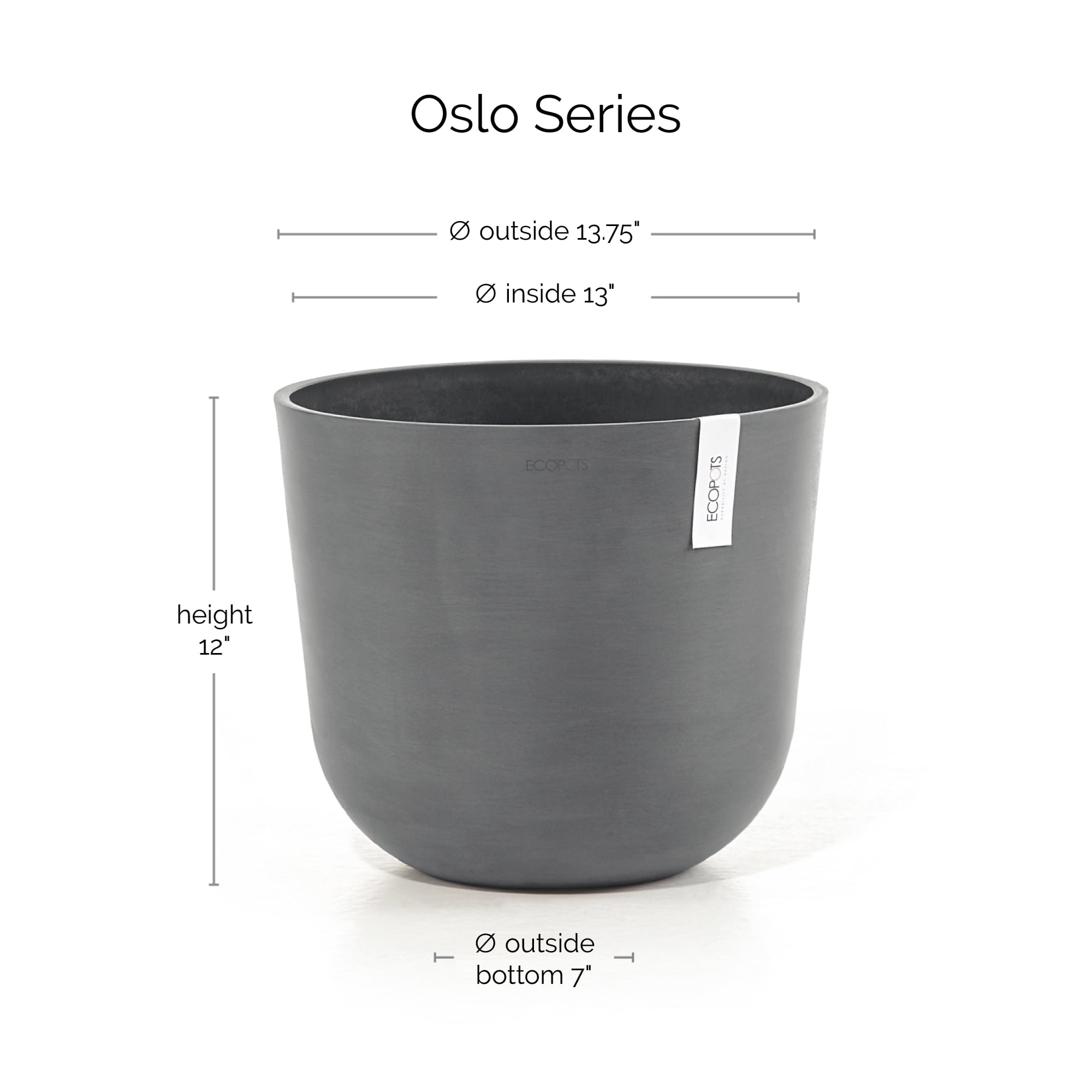 Ecopots Oslo Durable Modern Round Indoor/Outdoor Recycled Based Composite Flower Pot Planter, Grey, 14"