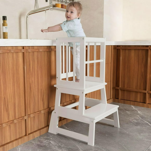 Kids Kitchen Step Stool, Toddler Montessori Learning Standing Tower, Ideal Toddler Kitchen Stool Helper for Bathroom Sink or Kitchen Counter - 2025 Design with 3 Exclusive Upgrades - White