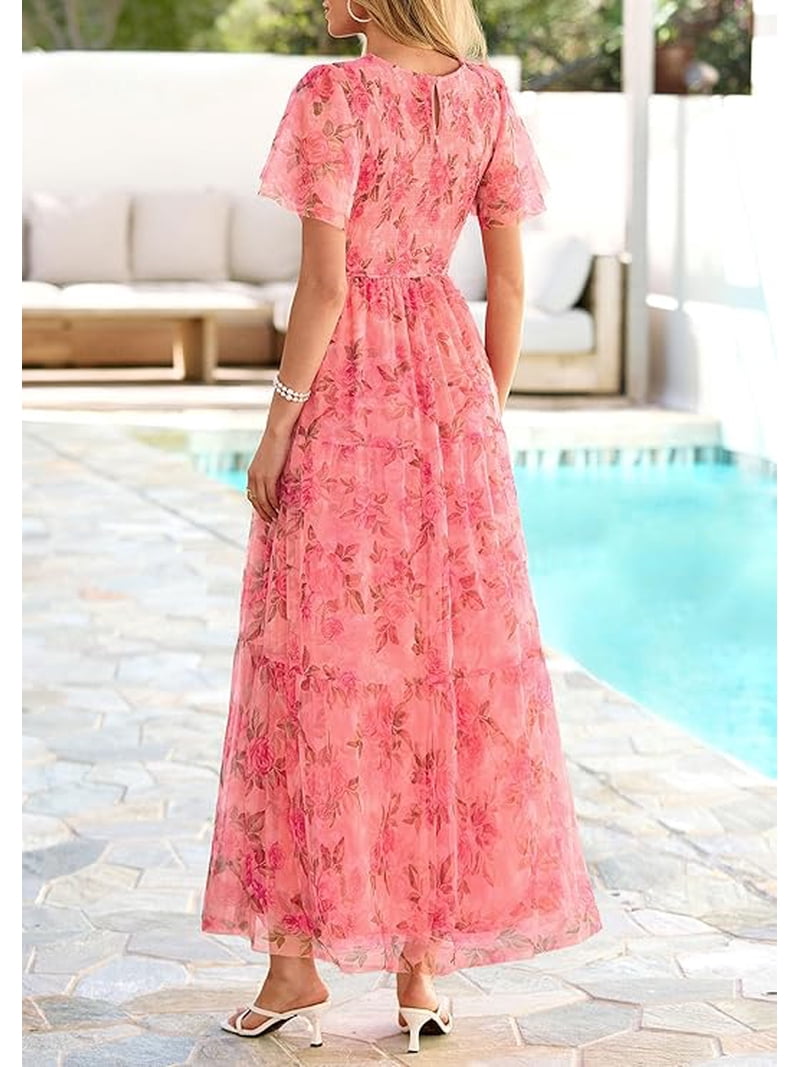 PRETTYGARDEN Tulle Floral Dress Women Summer Wedding Guest Spring Short Sleeve Maxi Smocked Flowy Beach Party Dresses