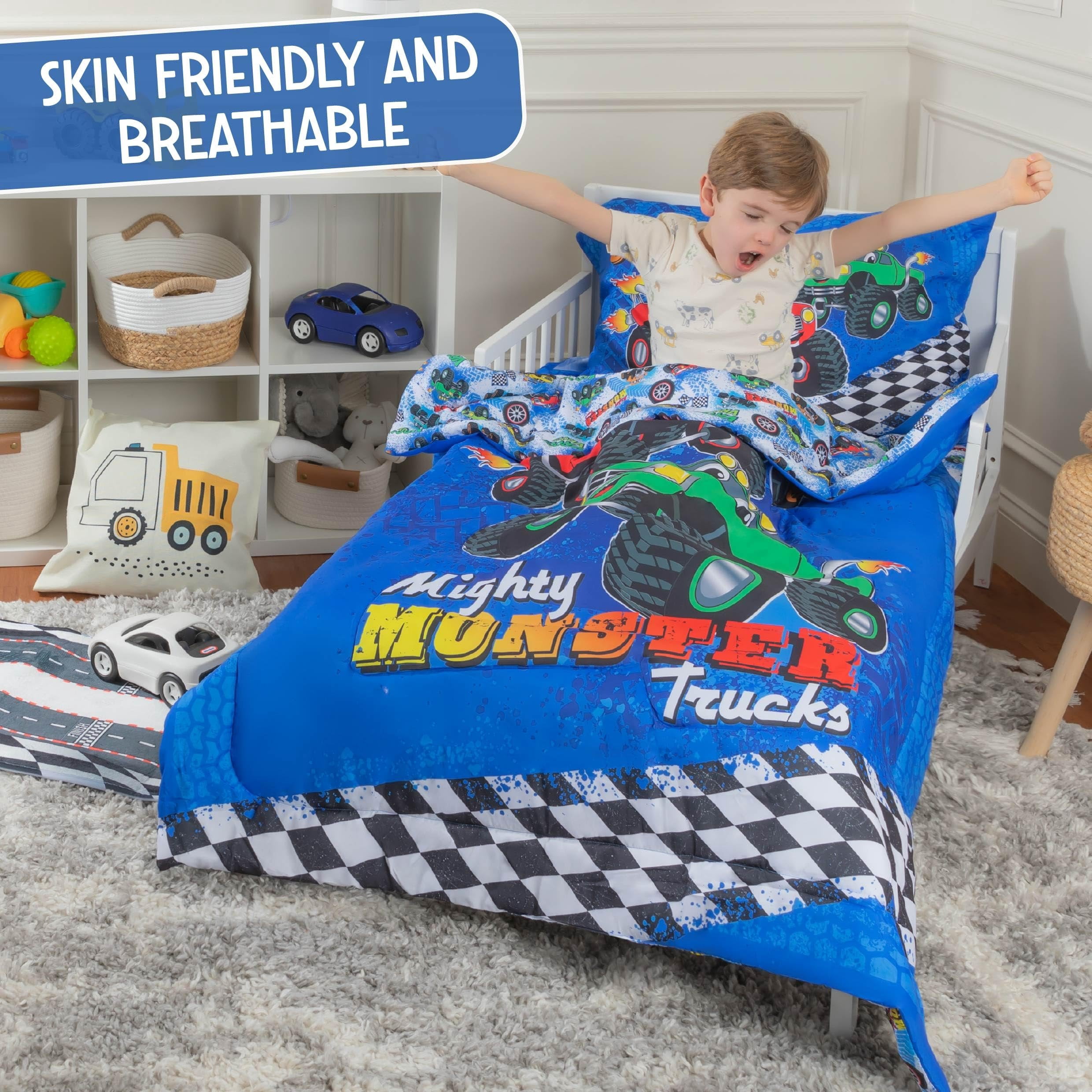 Todays Kids Monster Trucks Toddler Bedding Set for Boys - 4-Piece Toddler Bed Comforter Sets for Boys, Reversible Comforter & Pillowcase, Flat Sheet, Fitted Sheet, Breathable & Super Soft Microfiber