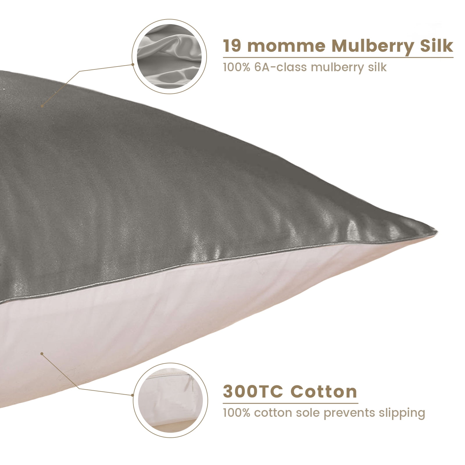 THXSILK Silk Pillowcase, 19 Momme Zippered Silk Pillowcase with Cotton Underside, 100% Pure Mulberry Silk Pillowcase, 1Pcs, King Size(20"x36"), Gray