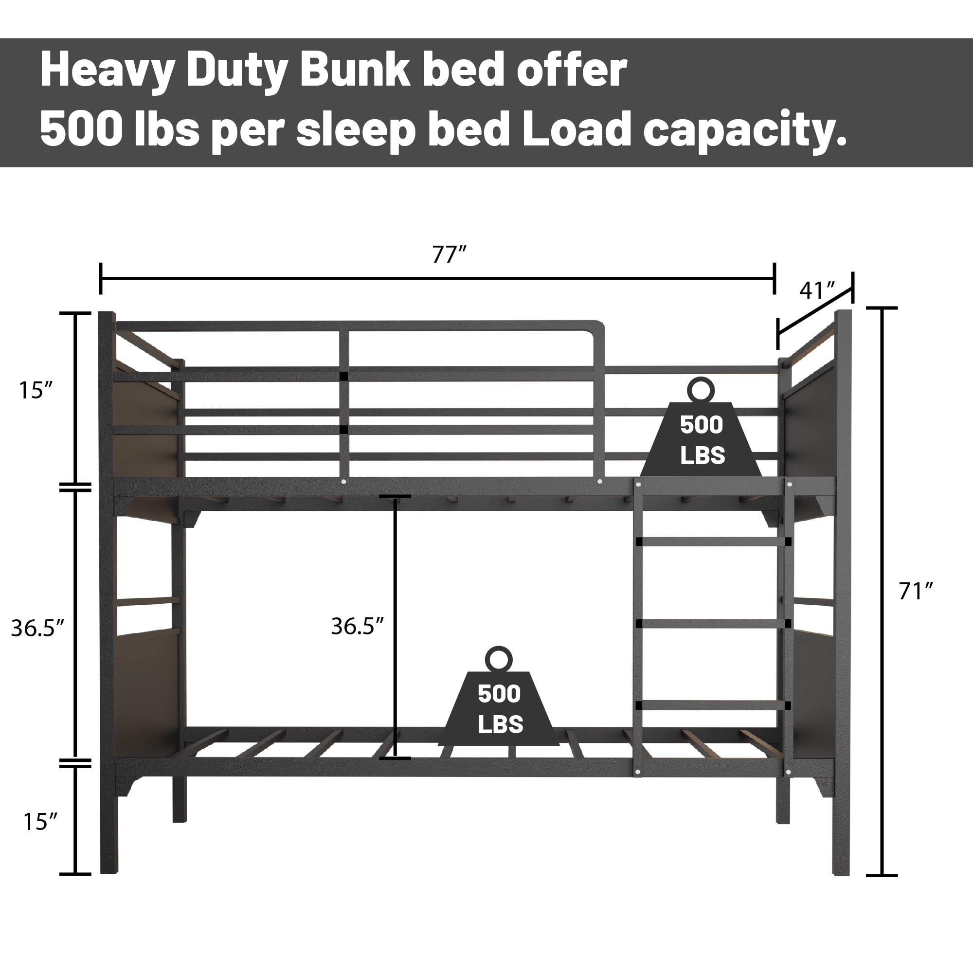 Continental Sleep, Metal Bunk Bed, Heavy Frame, Commercial Use, Kids Camps & Shelter, Twin, Black.