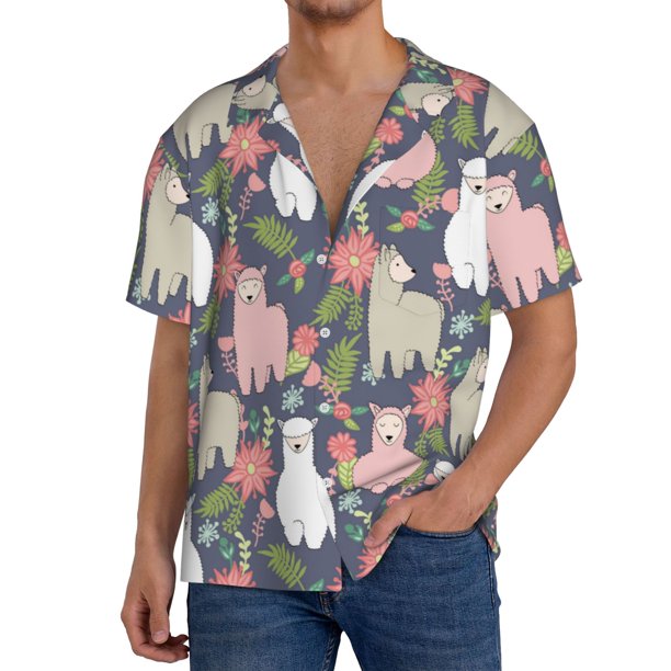 Balery Llamas Camisa Casual de Manga Corta con Botones para Hombre, Texturizada, Estilo Cubano, para Playa, Verano-Large