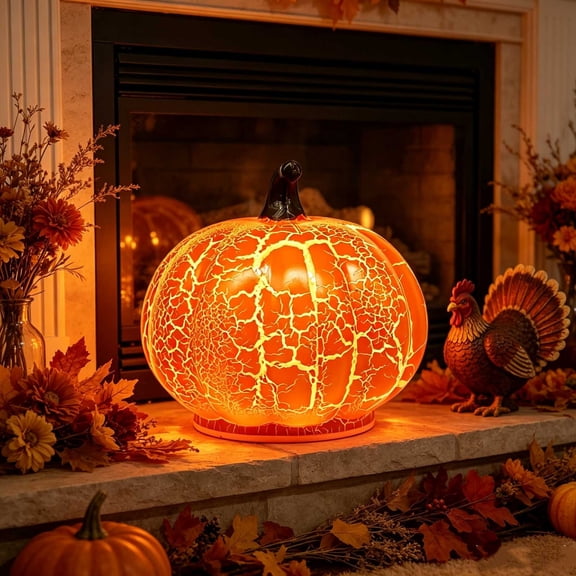 Cevemin Halloween Cracked Pumpkin Lantern Decor - Crackle Texture Pumpkin Shape with Warm Glow for Fall Thanksgiving Home Party Tabletop Fireplace Mantel Display