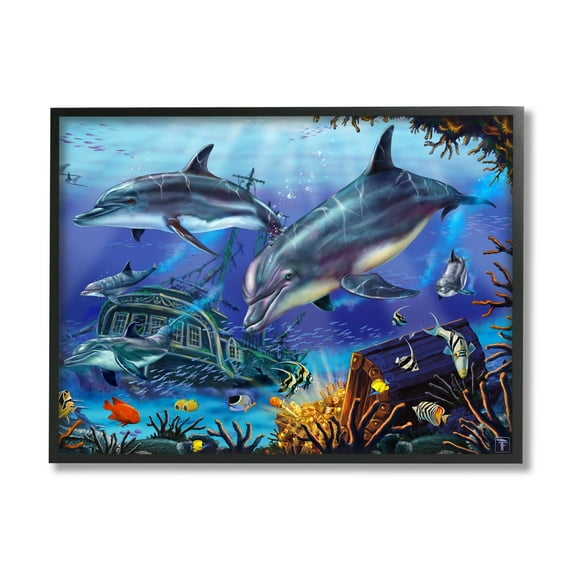 Stupell Industries Underwater Shipwreck & Treasure Coastal Painting Black Framed Art Print Wall Art
